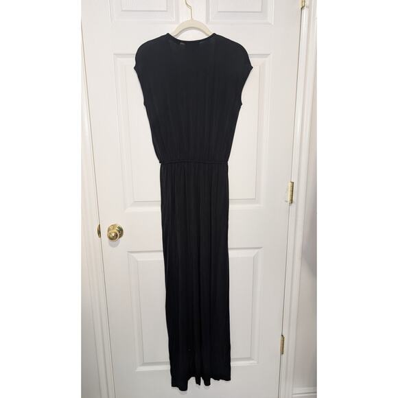 Black Jersey Maxi Dress Vneck Faux Wrap Womens Sz S Short Sleeves Newport News - Picture 7 of 9